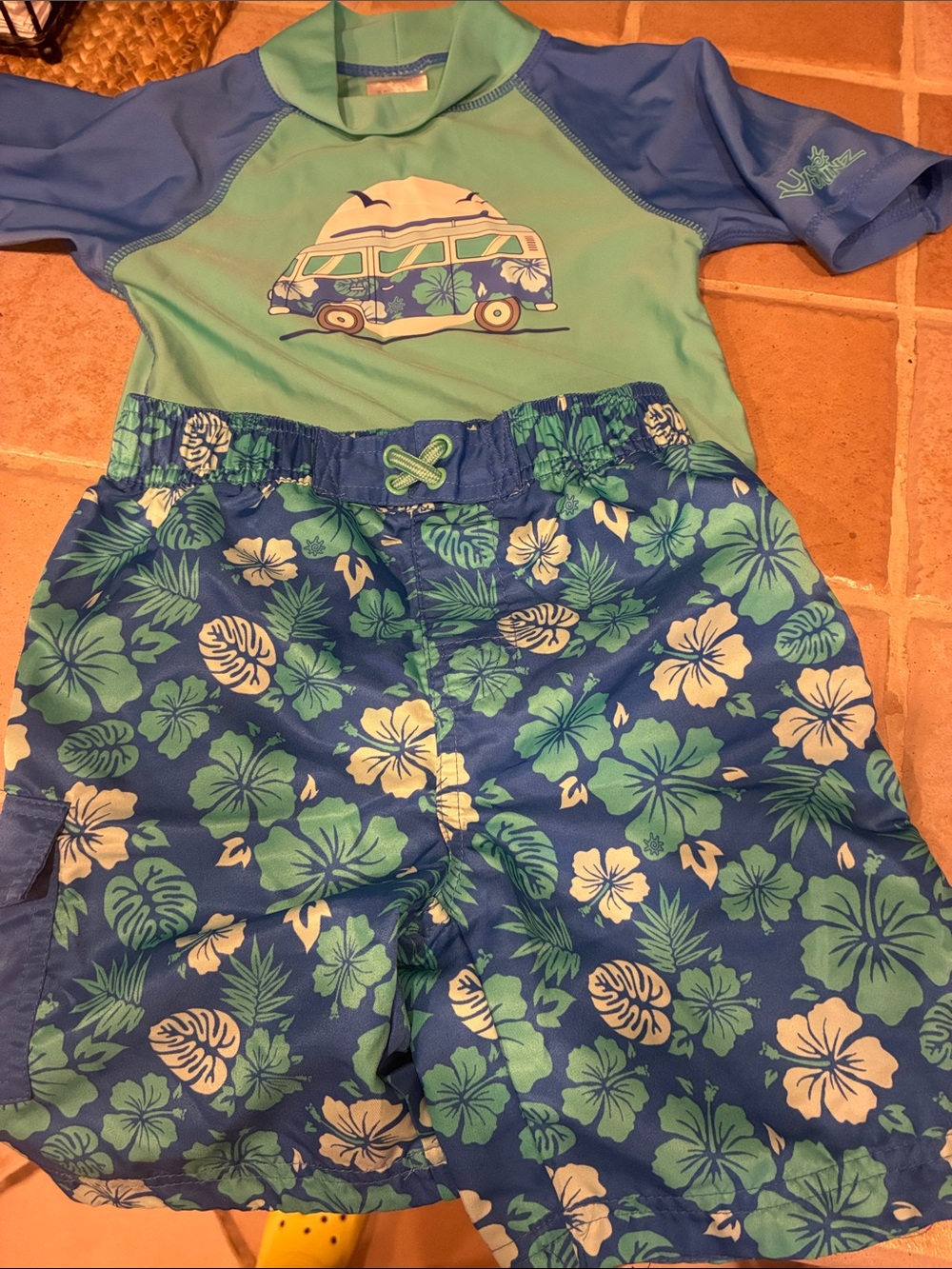 Kids Blue & Green Two-Piece Swim Set with Tropical Print